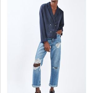 Pajama style, double breasted satin top-navy